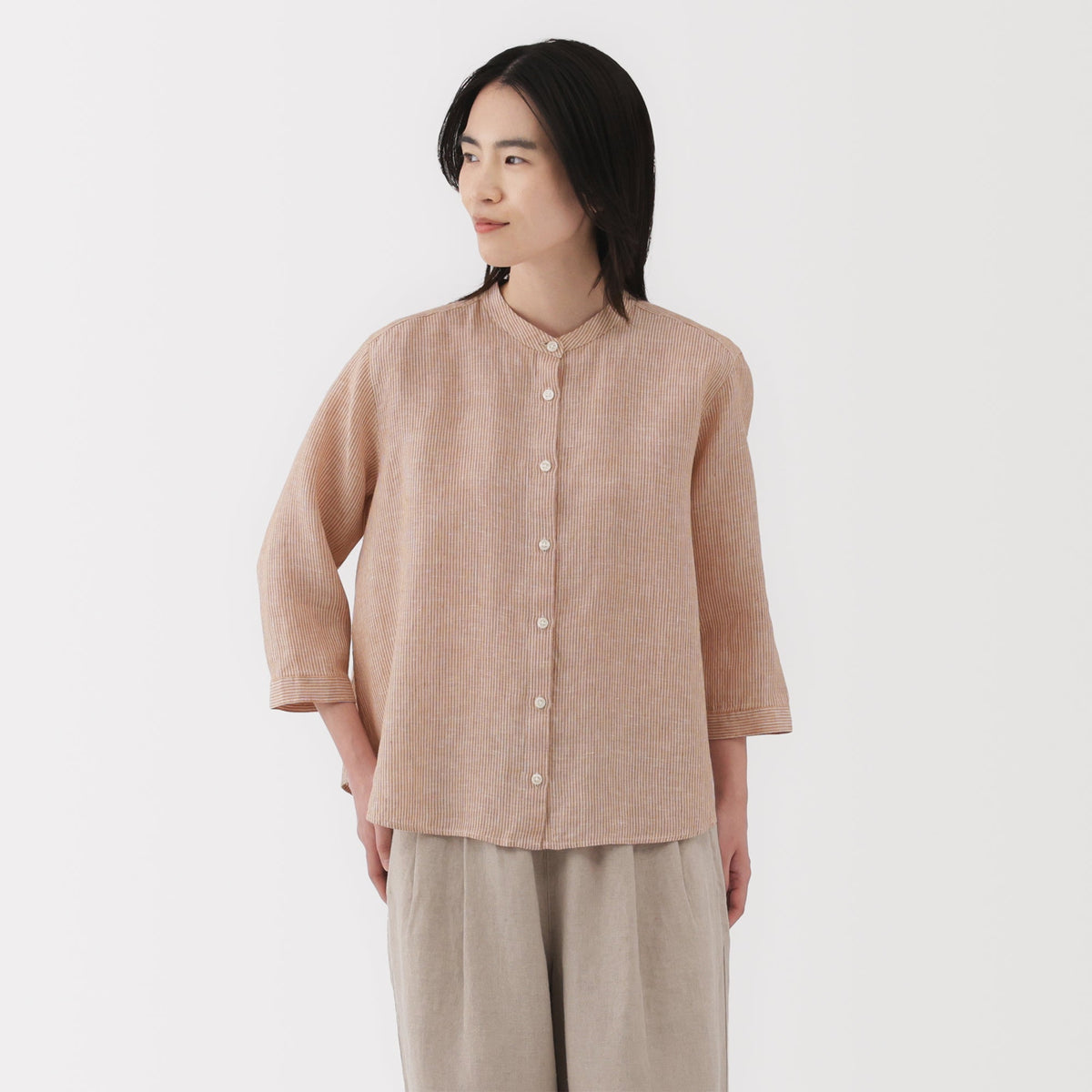 Linen 리넨 블라우스 3/4 슬리브 스트라이프