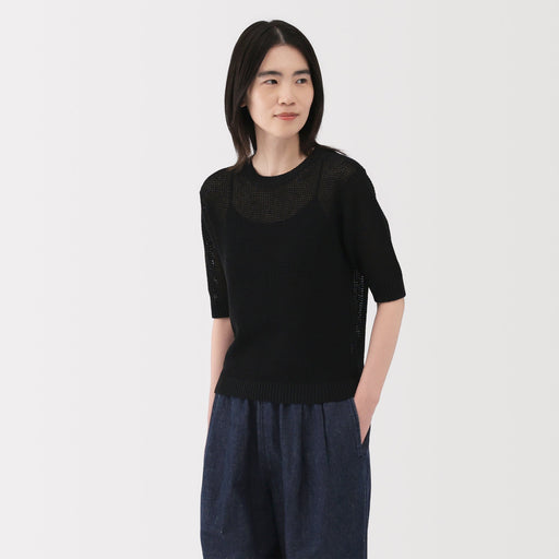 Women's Linen Blend Mesh Half Sleeve Sweater MUJI