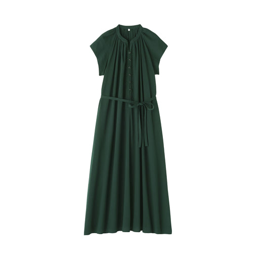Women's High Twisted Veil French Sleeve Patterned Dress Dark Green MUJI