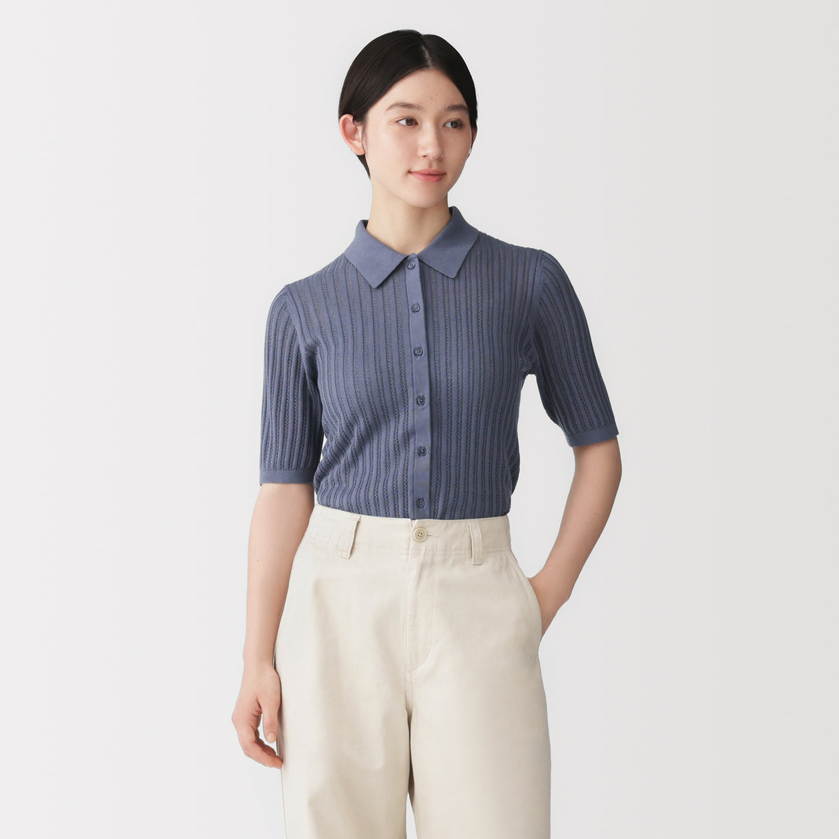 Lyocell Openwork Polo Cardigan