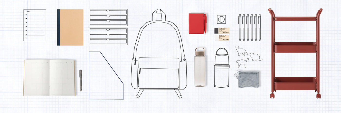 A flat-lay arrangement of school and office supplies on a white grid background, including a backpack outline, notebooks, pens, a red folder, a water bottle, a small cart, and other stationery items.