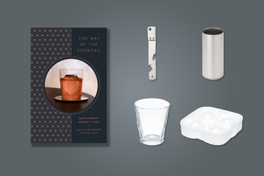 Bareware Essentials: Ice Ball Tray, Can Holder, Bottle Opener, Glass Cup, The Way of the Cocktail book.