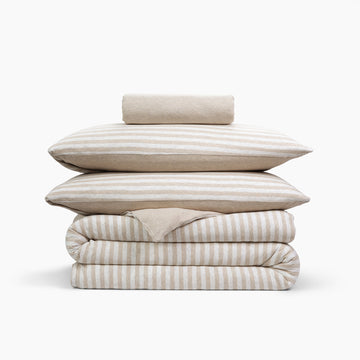 Cotton Jersey 4 Piece Bedding Set - Queen Heather Beige Stripe MUJI