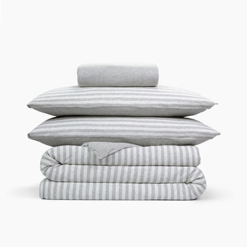 Cotton Jersey 4 Piece Bedding Set - King Heather Gray Stripe MUJI