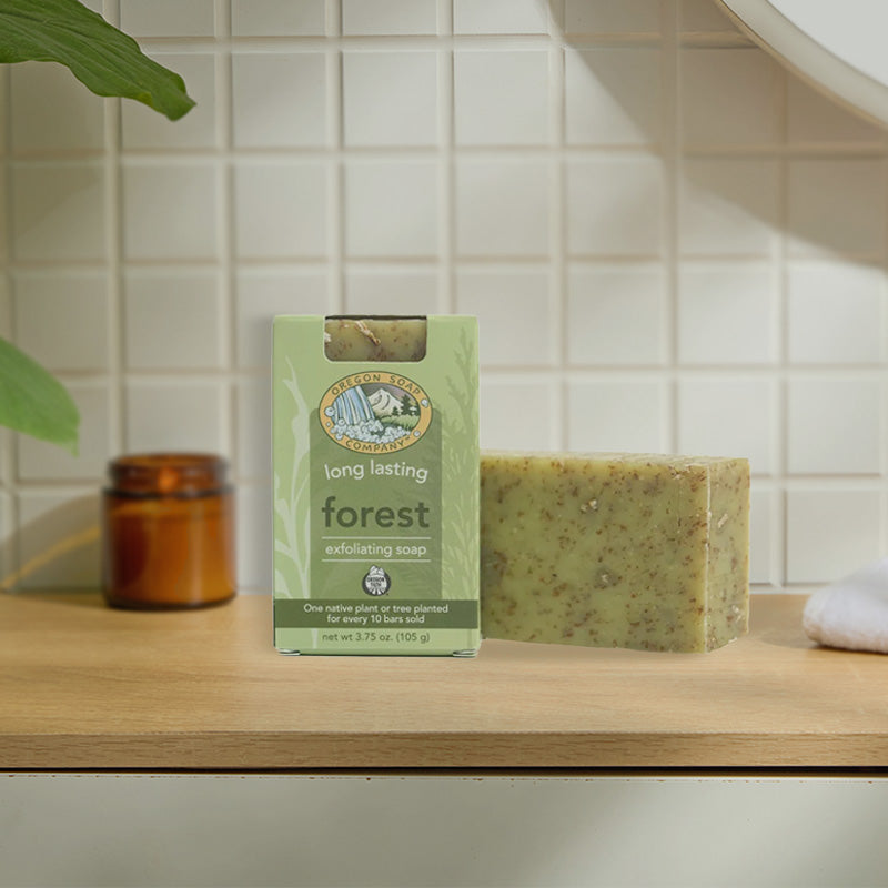 Oregon Soap Company Bars on a bathroom counter top.