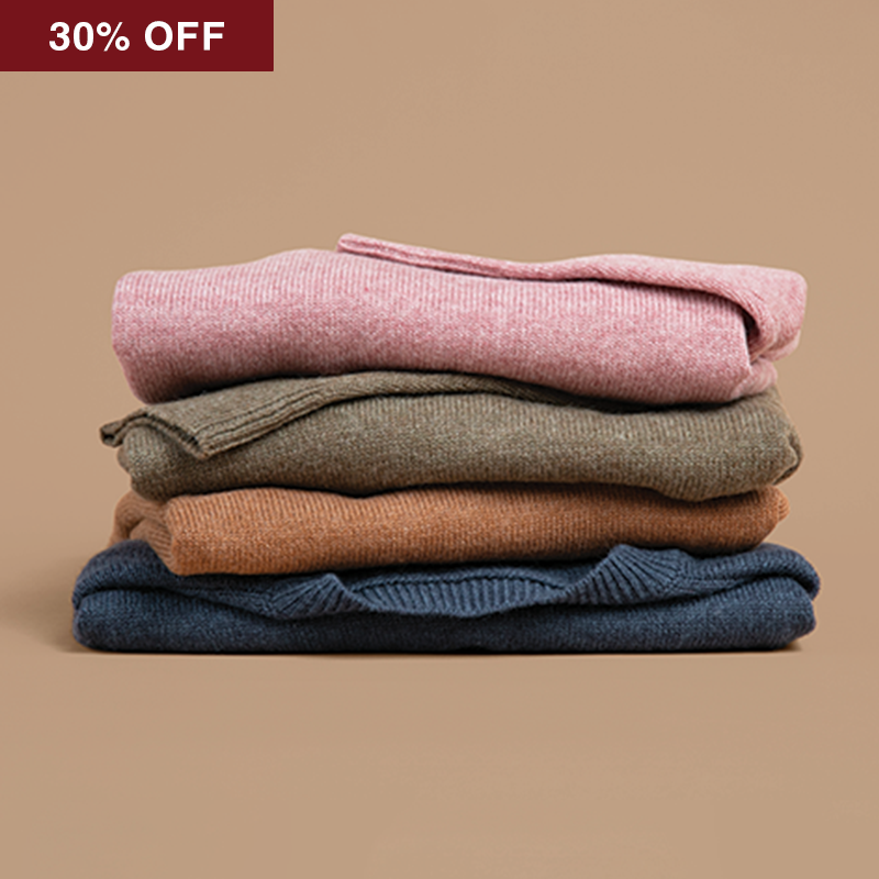 Stack of Folded Knits - Banner : 30% OFF Knitwear