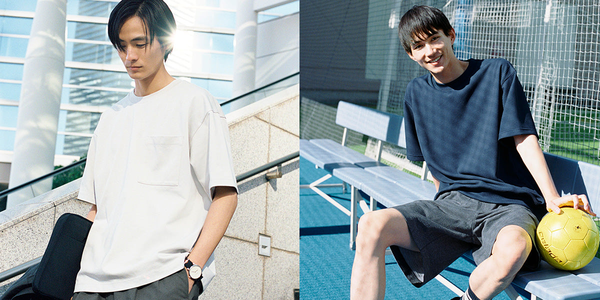 Men's T-Shirts: Two side-by-side images of a person in different settings, one outdoors and one sitting on a bench.