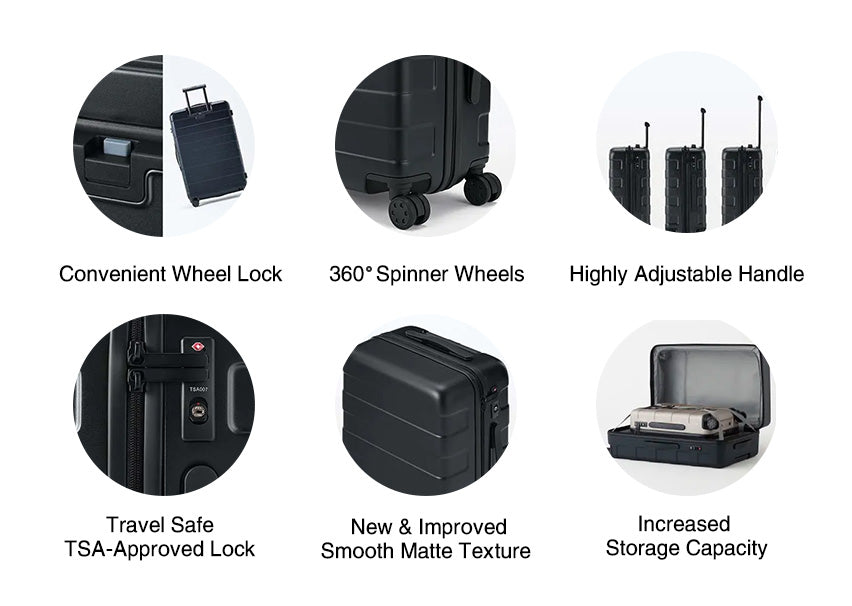 wheel lock, 360° spinner wheels, adjustable handle, tsa-approved lock, new matte texture, higher storage capacity