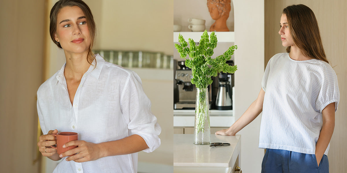 Woman wearing L?/S White Linen Top in a home setting; Woman wearing a hemp blend blouse in a home setting. 