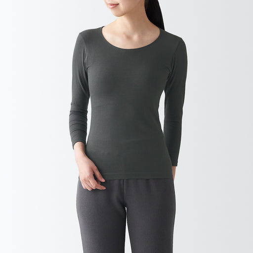 Women Organic Heat Generating Cotton Crew Neck Long Sleeve T-Shirt Dark Gray MUJI