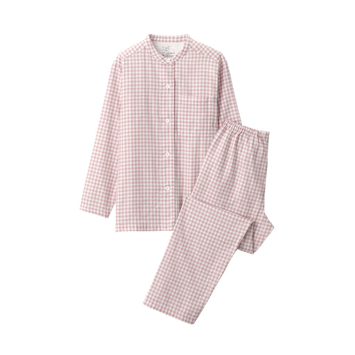 Women's Organic Cotton Side Seamless Stand Collar Pajamas Pink Check MUJI