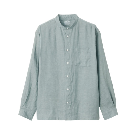 Men's Washed Hemp Stand Collar Long Sleeve Shirt Smoky Green MUJI