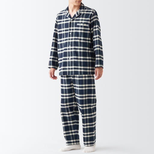 Men's Side Seamless Flannel Pajamas Navy Check MUJI