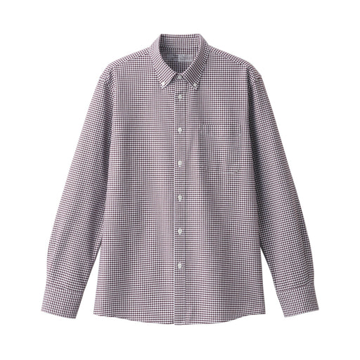 Men's Washed Oxford Button Down Long Sleeve Patterned Shirt Burgundy Check MUJI