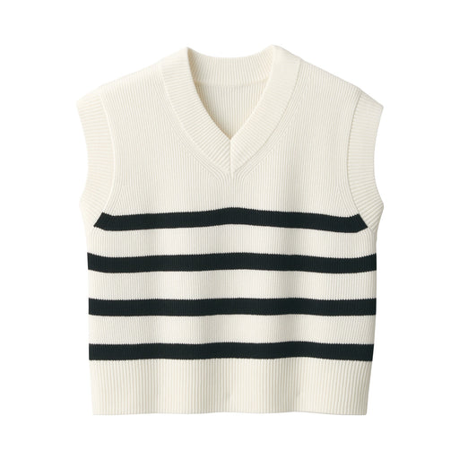 Women's Washable Rib Knit V-Neck Striped Short Vest Off White Stripe MUJI
