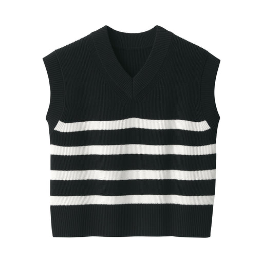 Women's Washable Rib Knit V-Neck Striped Short Vest Black Stripe MUJI
