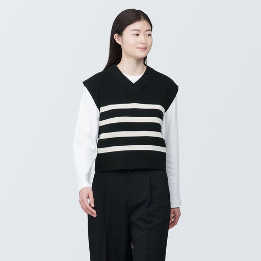 Women's Washable Rib Knit V-Neck Striped Short Vest MUJI