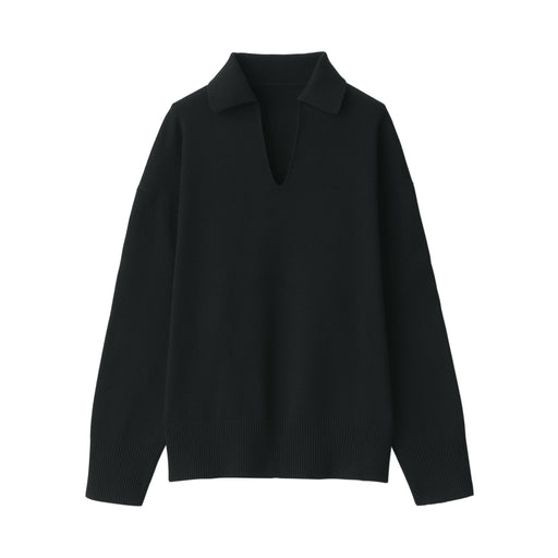 Women's Washable Milano Rib Knit Skipper Polo Sweater Black MUJI