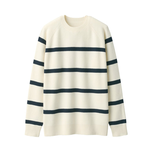 Men's Washable Ribbed Striped Crew Neck Sweater Dark Navy Stripe MUJI