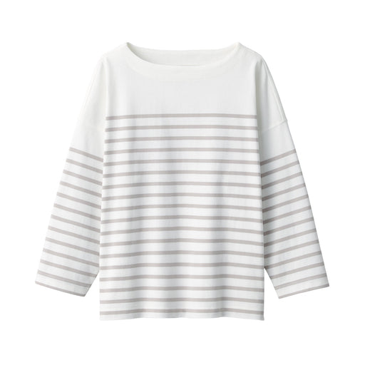 Women's Striped Boatneck 3/4 Sleeve T-Shirt Sand Beige Stripe MUJI