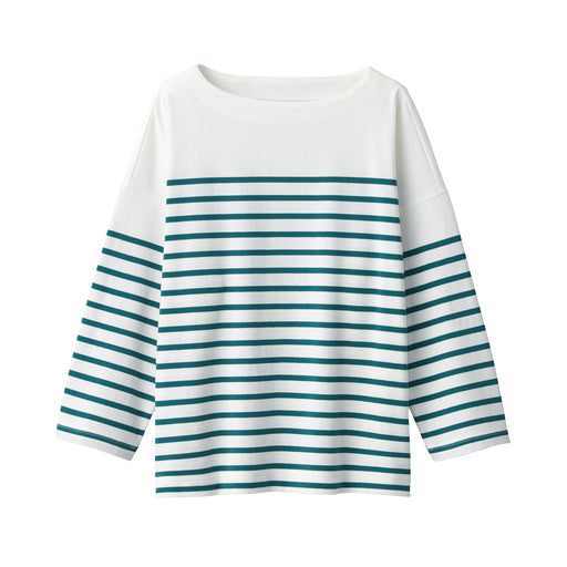 Women's Striped Boatneck 3/4 Sleeve T-Shirt Green Stripe MUJI