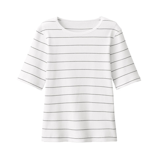 Women's Stretch Ribbed Short Sleeve Striped T-Shirt White Stripe MUJI