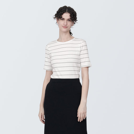 Women's Stretch Ribbed Short Sleeve Striped T-Shirt MUJI
