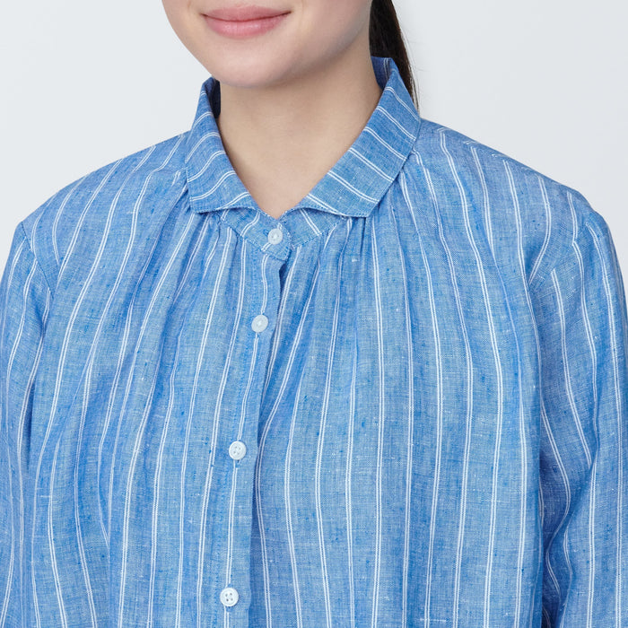 Women's Washed Linen Long Sleeve Striped Shirt Dress