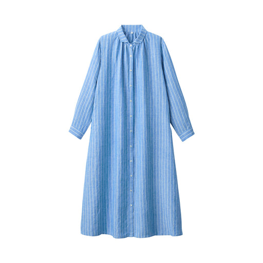 Women's Washed Linen Long Sleeve Striped Shirt Dress Blue Stripe MUJI