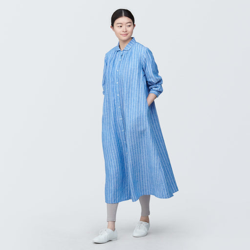 Women's Washed Linen Long Sleeve Striped Shirt Dress MUJI