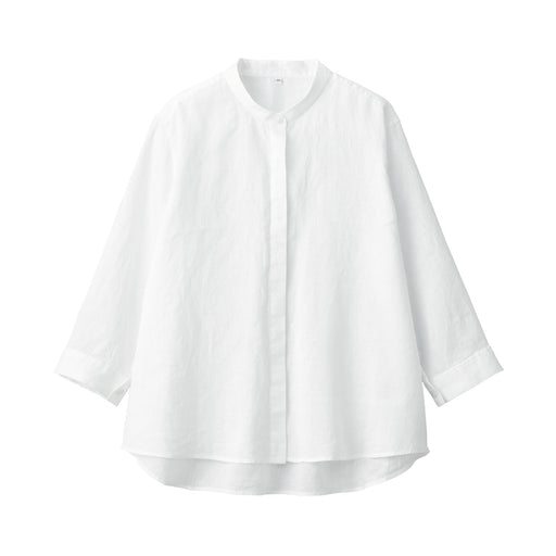 Women's Washed Linen Stand Collar 3/4 Sleeve Blouse White MUJI