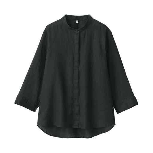 Women's Washed Linen Stand Collar 3/4 Sleeve Blouse Black MUJI