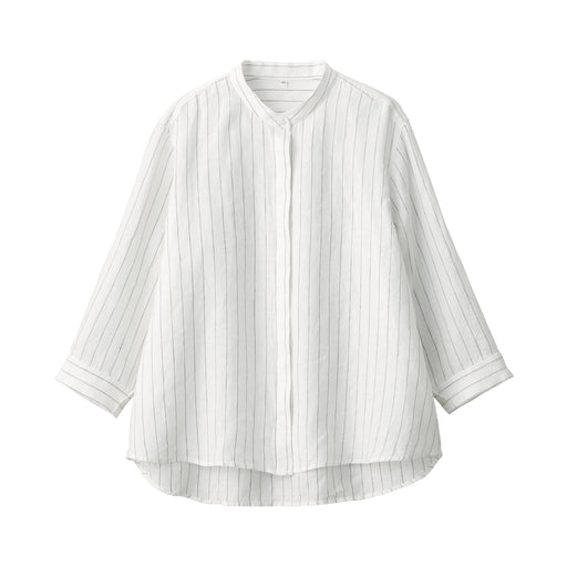 Women's Washed Linen Stand Collar 3/4 Sleeve Striped Blouse Off White Stripe MUJI