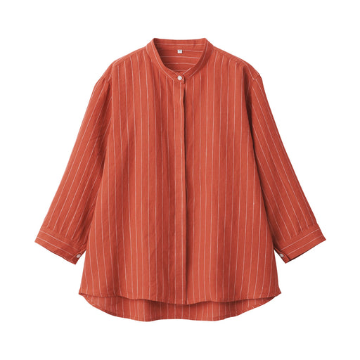 Women's Washed Linen Stand Collar 3/4 Sleeve Striped Blouse Red Stripe MUJI