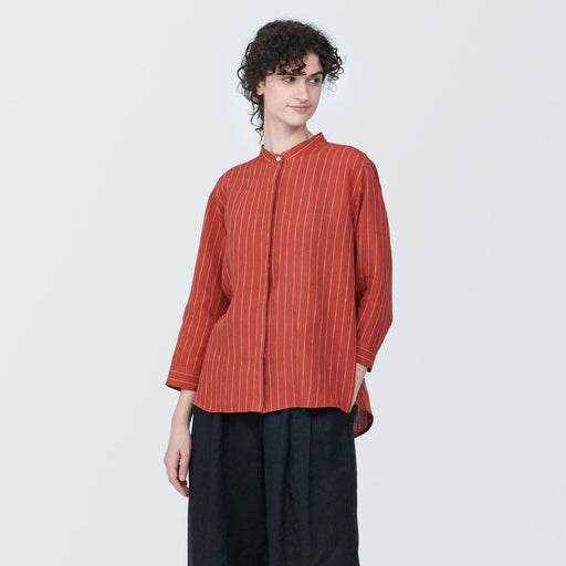Women's Washed Linen Stand Collar 3/4 Sleeve Striped Blouse MUJI